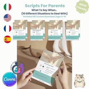 Può includere: Un PDF stampabile intitolato Scripts For Parents: What To Say When.. (10 Different Situations to Deal With) per bambini dai 6 ai 10 anni. Il documento presenta mani nell'intestazione, un elenco di script di comunicazione e un piè di pagina color ottanio.