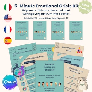Può includere: Un kit di crisi emotiva di 5 minuti in formato PDF stampabile per bambini dai 6 ai 10 anni, con diverse pagine contenenti testo, illustrazioni di bambini e strategie di calma. I documenti includono titoli come Il Nostro Piano e Il Mio Angolo di Calma.