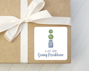 Topiary Gift Stickers - Personalized Blue & White Chinoiserie Square Labels - Grandmillennial
