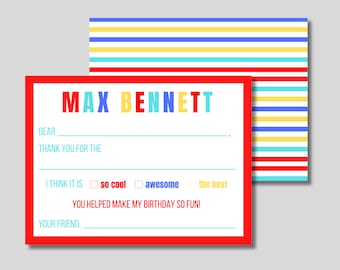 Personalized Fill-In Thank You Notes - Colorful Rainbow Stationery Set - Kids Notecards