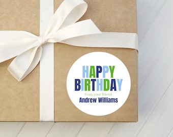 Happy Birthday Gift Sticker - Blue & Green Kids Party Label - Personalized fund Family Gift Tags