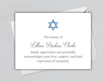 Traditional Sympathy Acknowledgement Card - Funeral Acknowledgement Card - Funeral Thank You Note - Sympathy Thank You Note - Star of David