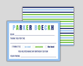 Personalized Fill-In Thank You Notes - Blue & Green Stationery Set - Personalized Kids Notecards