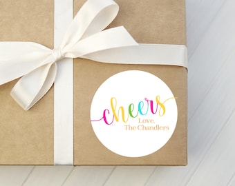 Cheers Gift Stickers - Personalized Round Gift Label - Housewarming, Birthday, Wine Tag