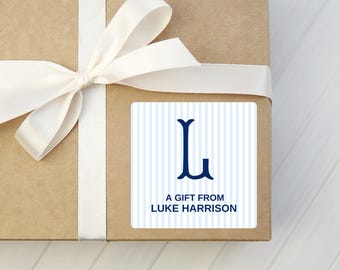 Personalized Blue Stripe Gift Sticker - Preppy Gift Wrap - Monogrammed Present Labels - A Gift From Stickers - Birthday Party Labels