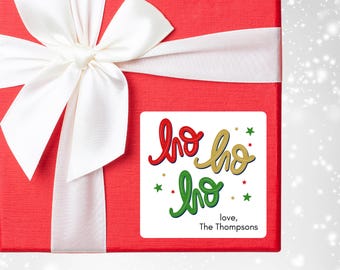 Personalized HO HO HO Christmas Stickers - Festive Holiday Gift Labels - Santa Claus Present Tags - Red & Green