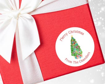 Personalized Watercolor Christmas Tree Gift Stickers - Round Christmas Labels