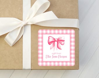Pink Bow Gift Stickers - Personalized Square Gingham Gift Labels - Grandmillennial - Preppy