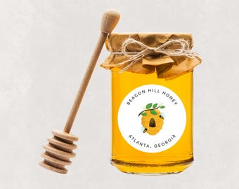 Personalized Round Honey Bee Jar Stickers: Watercolor Bee Hive Design