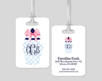 Monogrammed Ginger Jar Luggage Tag - Blue & White Chinoiserie Bag Tag - Grandmillennial, Pink Bow