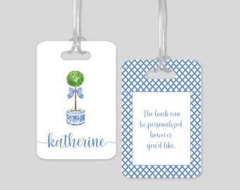 Topiary Luggage Tag - Blue & White Chinoiserie Bag Tag - Grandmillennial
