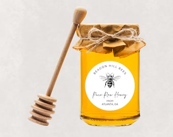Personalized Round Honey Bee Jar Stickers: Vintage Honey Bee Sketch Design