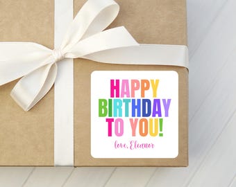 Happy Birthday to You Gift Stickers - Personalized Colorful Rainbow Square Gift Labels - Kids Party Tags, Family Gift Sticker
