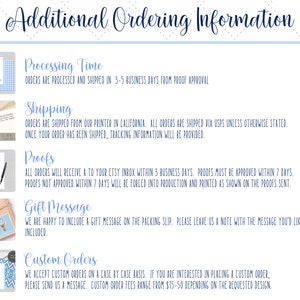 May include: A blue and white graphic with the text "Additional Ordering Information" in a navy blue font. The graphic includes information about processing time, shipping, proofs, gift messages, and custom orders.