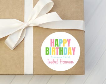Happy Birthday Gift Stickers - Round Pink Party Sticker - Kids Gift Labels - Family Present Tags
