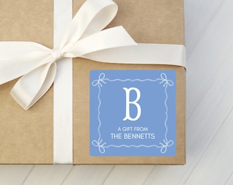 Square Initial Gift Sticker - Personalized Bow Gift Tag - Family Gift Label - Housewarming, Celebration, Wine Tag