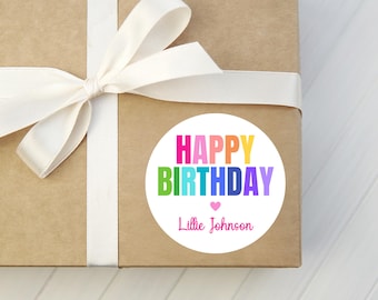 Happy Birthday Gift Stickers - Colorful Rainbow Present Labels - Kids Party Sticker - Personalized Round Gift Tags