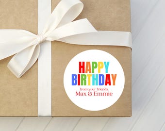 Rainbow Happy Birthday Gift Stickers - Round Present Labels - Personalized Gift Tags