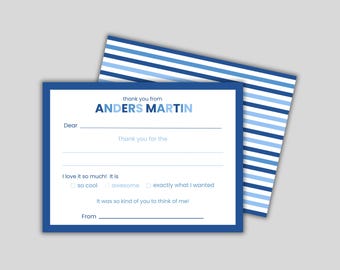 Personalized Fill-In Thank You Notes: Kids Stationery Set - Navy Stripe Notecards