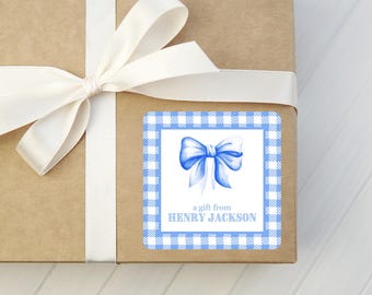 Blue Bow Gift Stickers - Personalized Square Gingham Gift Labels - Grandmillennial - Preppy
