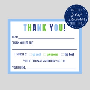 Fill In The Blank Thank You Notecards - Kids Thank You Notes - Flat Notecards - Printable Notecards Stationery - Instant Download