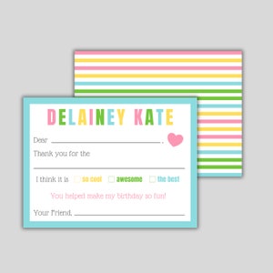 Personalized Fill In The Blank Thank You Notecards - Kids Thank You Notes - Flat Notecards - Personalized Stationery for Girls Kids