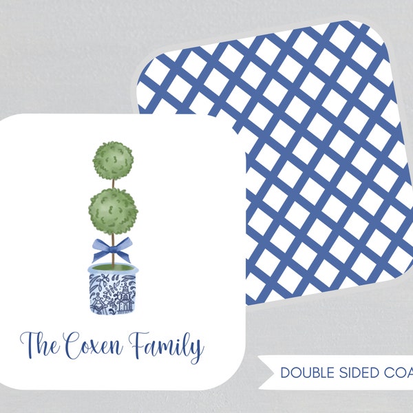 Personalized Topiary Coasters - Hostess Gift - Housewarming Gift - Blue Chinoiserie Coaster Set - Grand Millennial Gift - Paper Coasters