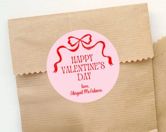 Personalized Bow Valentine Treat Bag Sticker - Class Valentine Exchange - Happy Valentine's Day Sticker