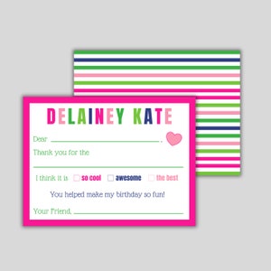 Personalized Fill In The Blank Thank You Notecards - Kids Thank You Notes - Flat Notecards - Stationery for Girls - Pink & Green