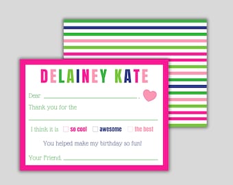 Personalized Fill In The Blank Thank You Notecards - Kids Thank You Notes - Flat Notecards - Stationery for Girls - Pink & Green