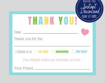 May include: A printable thank you card with a colourful "THANK YOU!" title. The card has space to write a name, a message, and a reason for the thank you. It also includes a checkbox to select from "so cool", "awesome", or "the best".