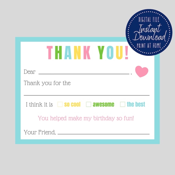 Fill In The Blank Thank You Notecards - Kids Thank You Notes - Flat Notecards - Printable Notecards Stationery - Instant Download