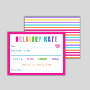 Personalized Fill In The Blank Thank You Notecards - Kids Thank You Notes - Flat Notecards - Personalized Stationery for Girls Kids