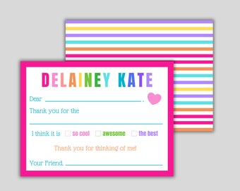 Personalized Fill In The Blank Thank You Notecards - Kids Thank You Notes - Flat Notecards - Personalized Stationery for Girls Kids