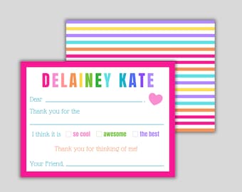 Personalized Fill-In Thank You Notes - Colorful Rainbow Stationery Set - Kids Notecards
