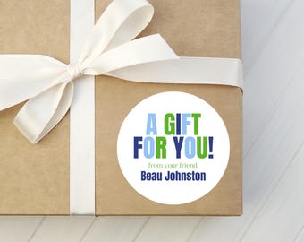 Personalized Round Gift Stickers - Blue & Green Gift Tags - Kids Party Labels - Birthday, Celebration, Housewarming