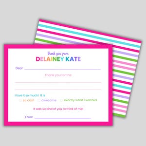 Personalized Fill In The Blank Thank You Notecards - Kids Thank You Notes - Flat Notecards - Personalized Stationery for Girls Kids