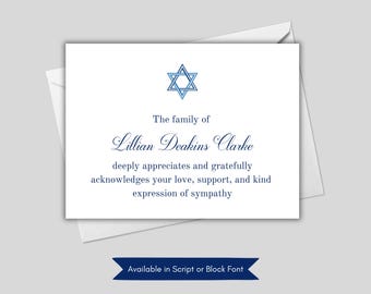 Traditional Jewish Sympathy Acknowledgement - Star of David Funeral Thank You Note