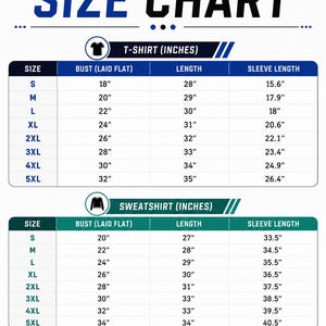 May include: A size chart for t-shirts and sweatshirts with measurements in inches. The table lists sizes from S to 5XL, including bust, length, and sleeve length for each. It includes a tolerance note of 0.4 to 1.2 inches at the bottom.