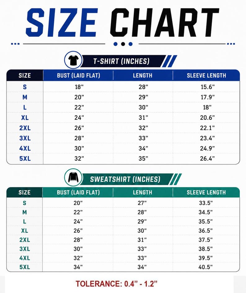 May include: A size chart for t-shirts and sweatshirts with measurements in inches. The table lists sizes from S to 5XL, including bust, length, and sleeve length for each. It includes a tolerance note of 0.4 to 1.2 inches at the bottom.
