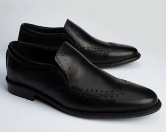 Men’s leather slip on brogues, black wedding dress, business casual shoes