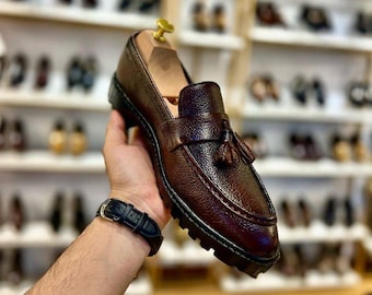 Men’s brown tassel loafers, pebble grain leather, moc toe dress shoes