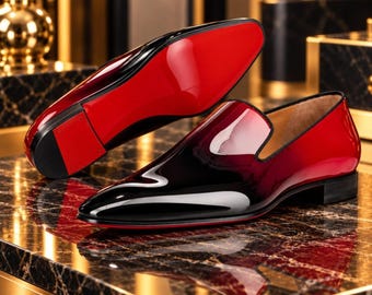 Handgefertigte Lackleder-Loafer, zweifarbige schwarze und burgunderrote Slipper