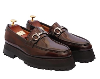 Men’s patent brown leather horsebit loafers, wedding guest shoes