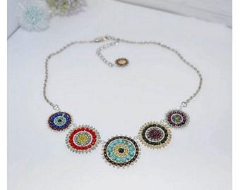 Ethnic Chic Mandala Necklace in Stainless Steel & Natural Stones | Handmade Boho Summer Jewelry, Adjustable, Gift Idea for Women.