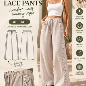 May include: A PDF sewing pattern for Aurelia lace pants, featuring a digital download for sizes XS-3XL. The design includes wide-leg pants with a drawstring waist and a vertical lace panel detail along the side seams, presented with technical line drawings.