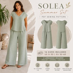 May include: A sage green two-piece set consisting of a V-neck top and wide-leg pants. The digital PDF sewing pattern includes 16 sizes from US 0-30 and EU 30-60, with instructions in English, Spanish, and German, featuring A4, US letter, and A0 formats.