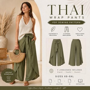 Può includere: Un cartamodello PDF per pantaloni a portafoglio thailandesi, con testo e diagrammi. L'immagine mostra pantaloni larghi verde oliva con laccio frontale, un top bianco senza maniche e una borsa di paglia. Include icone per taglie XS-5XL.