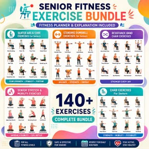 Può includere: Una guida Senior Fitness Exercise Bundle che presenta oltre 140 esercizi in cinque categorie: addominali e core da seduti, esercizi con manubri in piedi, esercizi con bande elastiche su sedia, stretching, mobilità ed esercizi su sedia.