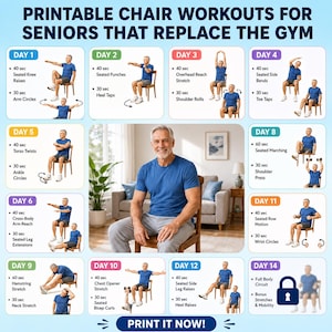 May include: A digital chart titled Printable Chair Workouts for Seniors That Replace the Gym, featuring a 14-day exercise schedule. Each day displays illustrations of a person performing seated movements like knee raises, punches, and stretches.